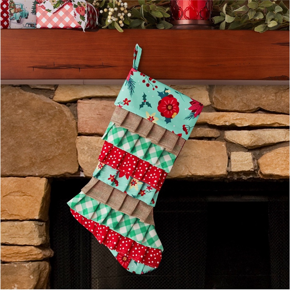 Pioneer Woman Retro Holiday Floral Ruffle Polyester Christmas Stocking